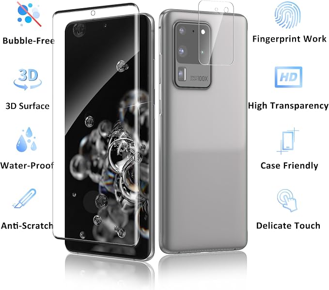 2+2 Pack for Samsung Galaxy S20 Ultra Screen Protector | Camera Lens Protector, Fingerprint Unclock, 9H Hardness Tempered Glass, Anti-Scratch, HD Clear, Case Friendly, Bubble-Free - Image 7