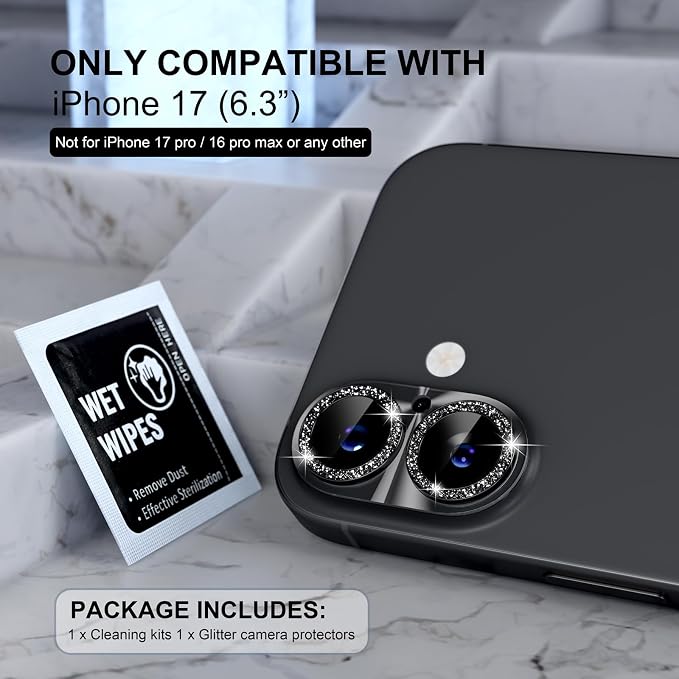 Choiche for iPhone 17 Camera Lens Protector, Light-Black | Bling Metal Camera Cover with 9H Tempered Glass Lens Screen Protector Accessories, Strong Adsorption, Case-Friendly - Image 2
