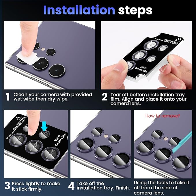 Tensea Compatible with Samsung Galaxy S24 Ultra Camera Lens Protector | 9H Tempered Glass Camera Cover Screen Protector Metal Individual Ring [Installation Tray][Case Friendly] - Image 7