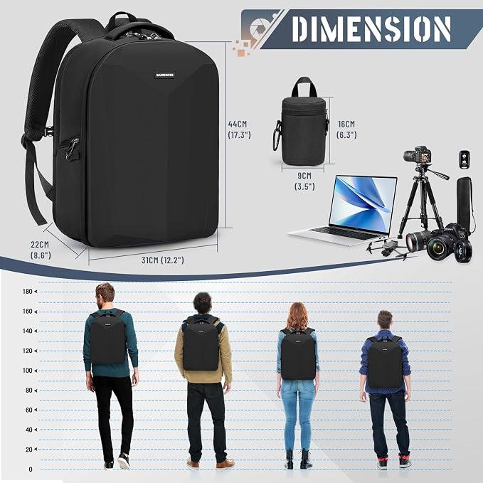 RAINSMORE Camera Backpack Hard Shell for DSLR/SLR Waterproof Camera Bag with Laptop Compartment 15.6 Inch Professional Camera Case with Rain Cover Photography Backpack Bag with Camera Lens Case Black - Image 8