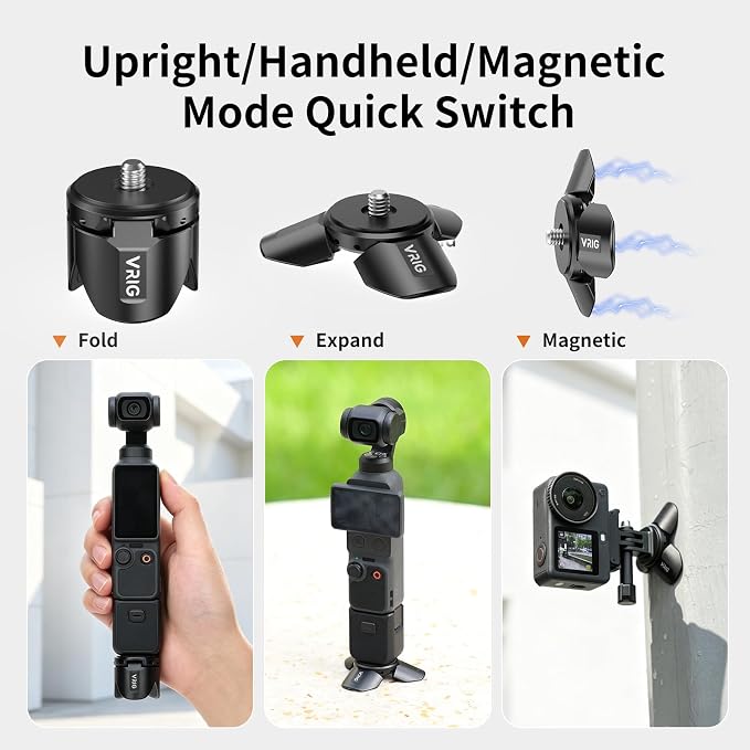 VRIG Magnetic Mini Tripod for DJI OSMO Pocket 4P/4/3 & Insta360 Luna Ultra | Auto-Deploy Aluminum Small Desktop Camera Stand with 1/4" Screw for Insta360 X6/X5/X4,Travel Vlog Action Camera Accessories - Image 4