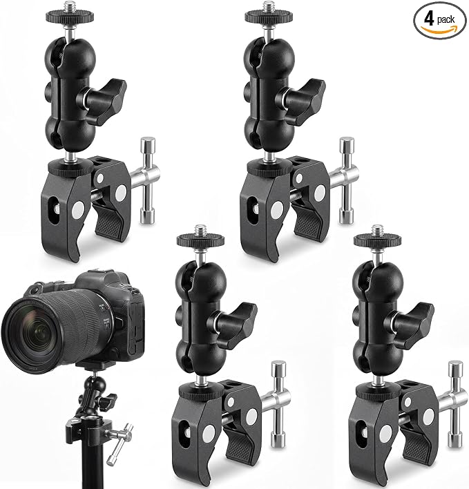 Tellegloww 4 Pack Camera Mount Clamp with 360° Dual Ball Head Magic Arm, Heavy Duty Super Clamps Mount Kit, Adjustable Camera Clamp for DSLR Monitor LED Light Microphone, 1/4" and 3/8" Thread by Tellegloww
