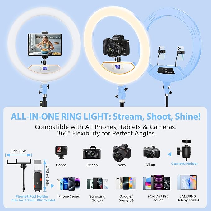 MACTREM Large 22" Ring Light with Stand for iPad Makeup, 75" Tripod, Blue | 50W CRI90+ LED, 2700K-6500K, Phone Tablet Holder, Dual USB, Stable 75" Tripod, for Tattoo Barber Streaming - Image 8