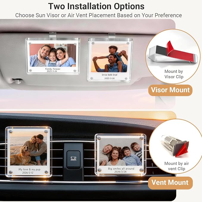 Large Car Photo Holder 2 Pack for Sun Visor & Air Vent | Magnetic Acrylic Picture Frame Fits 3.5" x 4.3" Photos, Compatible with Polaroid 600, i-Type, SX-70 & Instax Wide Prints - Image 3