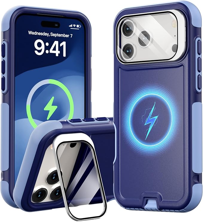 Follaroma Magnetic for iPhone 17 Pro Max Case with Camera Stand,Blue-Purple | Built-in Glass Camera Cover Stand,Compatible with MagSafe,Heavy Duty Shockproof Protective,Military-Grade Anti-DropDual Case by Follaroma