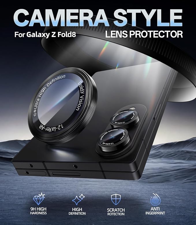 HelloDeere for Samsung Galaxy Z Fold 8 Camera Lens Protector, Military-Grade 9H+ Tempered Glass with AR Optical Tech HD Anti-Glare Anti-Scratch Metal Individual Ring Easy Install Case Friendly, Black - Image 2