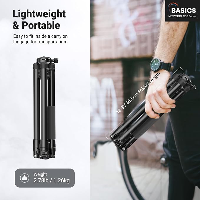 NEEWER Basics 57" Camera Tripod Monopod with Arca Type QR Plate Ball Head & Cell Phone Holder, Compact Portable Travel Stand for iPhone DSLR Camcorder Streaming Video Recording, 6.6lb/3kg Load, TP68 - Image 2