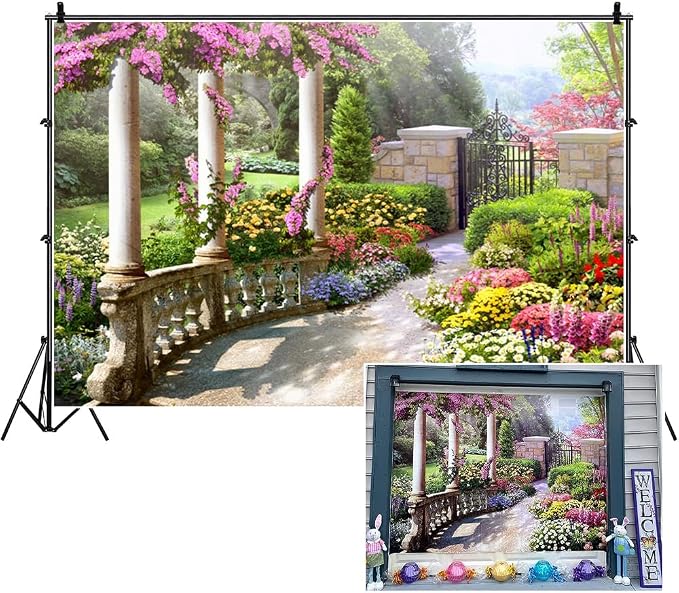 10x6.5ft Spring Beautiful Garden Photography Backdrop Vintage Garden Architecture Pillars Blooming Flowers Background Outdoor Wedding Portraits Photo Studio Props Wallpaper, 3x2NBK40111 by DORCEV