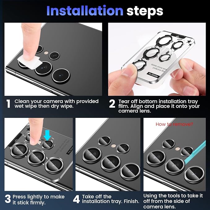 Tensea Compatible with Samsung Galaxy S24 Ultra Camera Lens Protector | 9H Tempered Glass Camera Cover Screen Protector Metal Individual Ring [Installation Tray][Case Friendly] - Image 7