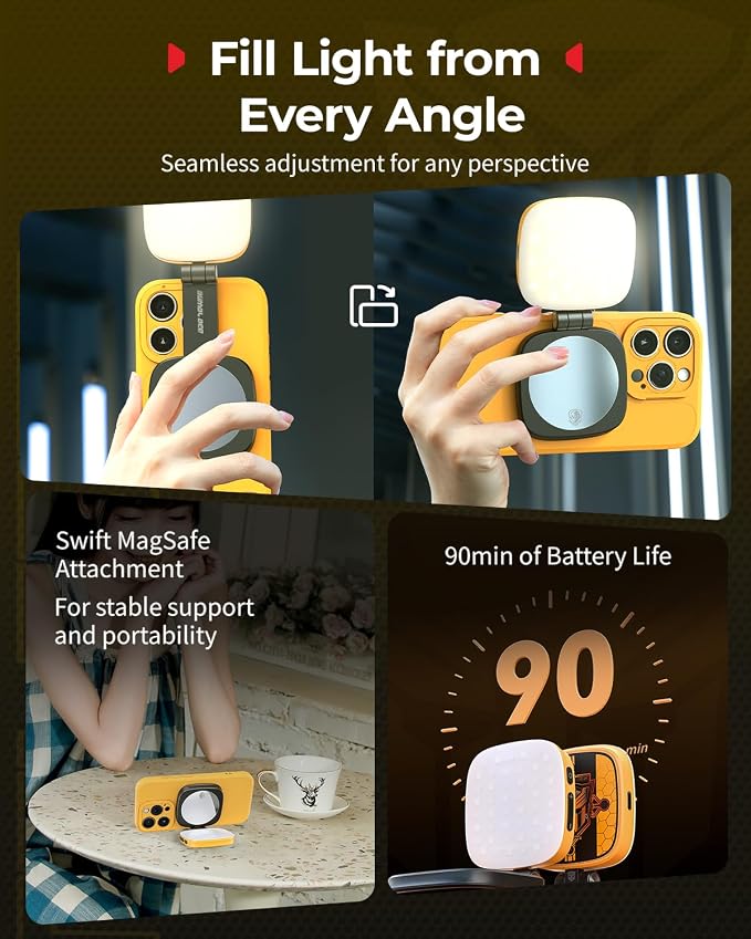 SmallRig Magnetic Selfie Light for iPhone, Phone Light with a Mirror | Instant Attachment for MagSafe, for Selfies, Video Conference, Vibe P48 Bumblebee Edition - 5513 - Image 3