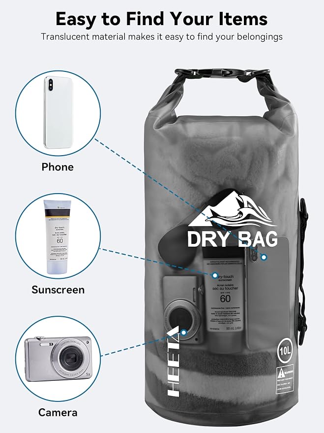 HEETA Dry Bag Waterproof Backpack with Phone Case 5L/10L/20L/30L/40L | Roll Top Lightweight Dry Storage Bag for Women Men, Travel Boating Kayaking Paddle Board Camping Beach Essentials Accessories - Image 7