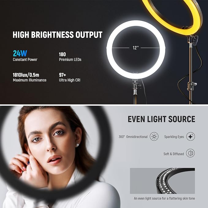 NEEWER 12" 24W Power LED Ring Light with Tripod Stand, Bi Color 2900-7000K, USB C PD Input, CRI97+ 1810lux/0.5m Compatible with iPhone Makeup Studio Streaming Selfie Video Recording, RH12B - Image 2