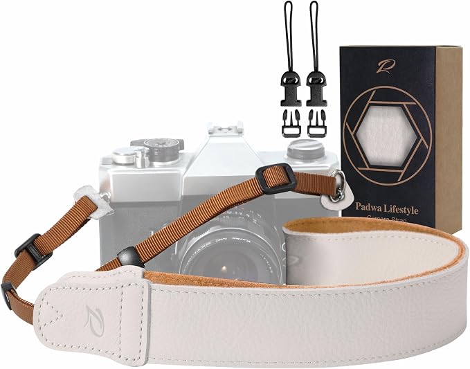Padwa Lifestyle Milky White Leather Camera Strap - 1.5" Soft Full Grain Cowhide Camera Straps for Photographers, Soft Suede Fabric Padded Leather Strap with Quick Release fits All Cameras by PadwaLifestyleCameraStrap
