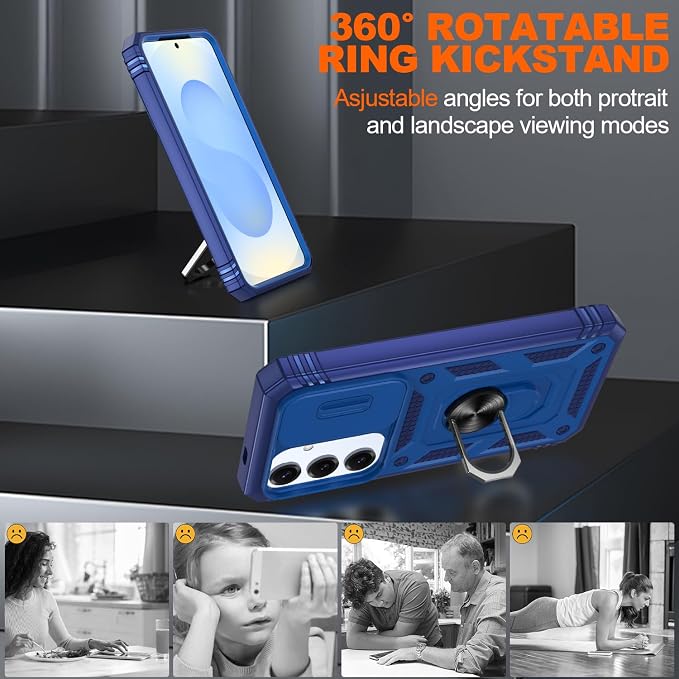 Gritup Fit for Samsung Galaxy S25 Case with Slide Camera Cover | 2 Pcs Screen Protector, Build in 360° Rotating Ring Kickstand, Military Grade Protective Phone Case, Blue - Image 8
