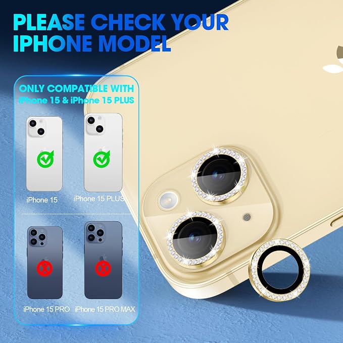 for iPhone 15/15 Plus Camera Lens Protector Bling Diamond, Yellow | Individual Metal, 9H Hardness, Scratch Resistant, Shockproof, Drop Protection, Case Friendly, Stylish Accessories - Image 2