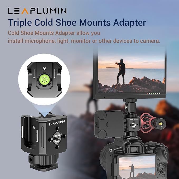 Triple Cold Shoe Mounts Adapter, 3/8'' Screw Hole to 1/4'' Screw Hole, Aluminum Alloy Hot Shoe Extension Bracke for DSLR Camera Flash Light, Monitor, Microphone-Black - Image 2