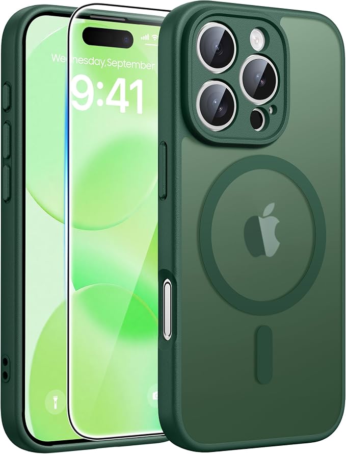 FNTCASE for iPhone 16 Pro Max Case, Fit for Magsafe, Glass Screen Protector | Full Camera Protection, Translucent Matte, 14FT Military Grade Drop Proof, Shockproof Protective Phone Cover, Green by FNTCASE