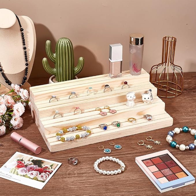 NBEADS 4-Tier Wood Jewelry Display Stand, Wooden Earring Organizer Holder with Grooves Jewelry Showcase Rack for Rings Earring Display Photo Home Decorations - Image 4