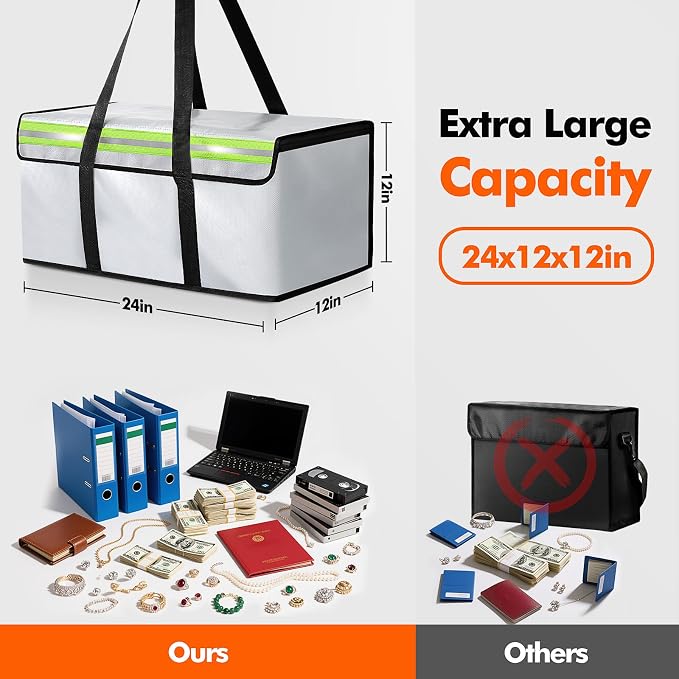 Large Fireproof Document Bag for Home Safe Storage, 24 x 12 x 12in, Grey | 2000°F Fireproof document box, 4-layer fiberglass important document storage for photo, file and cash with reflective strip - Image 2