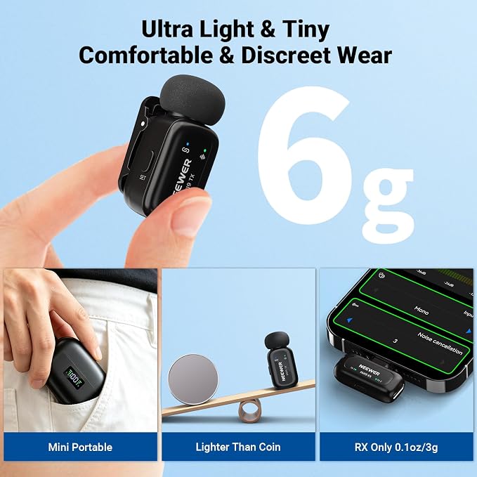 NEEWER KM19 Mini Lav Mic Compatible with iPhone 17 16 15, Black | Noise Canceling Wireless Lapel Microphone with App Control, 30h Battery, 100m Range, Compatible with iPhone Android PC - Image 2