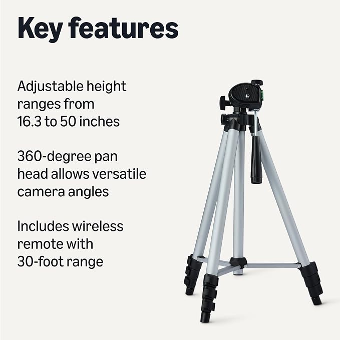 Amazon Basics 50" Lightweight Tripod for Camera and Phone with Travel Bag, Remote Control, Height Adjustable, 360-Degree Rotation, Aluminum, Silver - Image 2