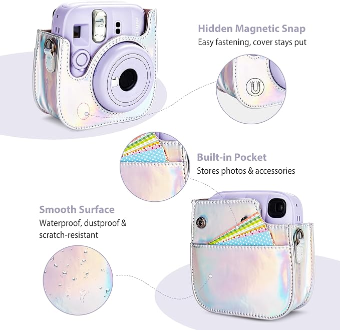 Phetium Mini 13 Camera Case for Fujifilm Instax Mini 13 12 Camera-Silver | Mini Camera Protective Case,PU Leather Bag,Photo Storage Pocket,Adjustable Shoulder Strap,Magnetic Flip - Image 4