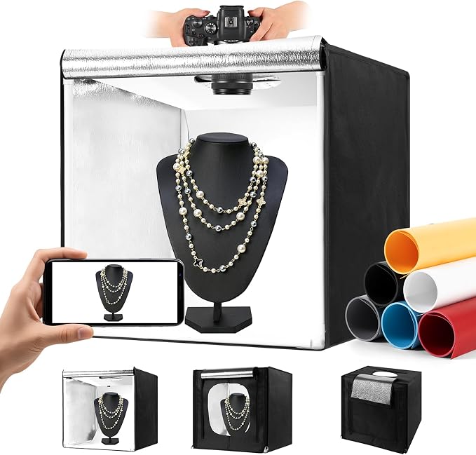 Photo Light Box, Portable 12/16/20/24/32 Inch Photo Studio Light Box, Shooting Tent Kit with 243 Light Beads and 6 Color Backdrops.Lightbox with 3 Stepless Dimming Light Boards for Product Photography by Unknown