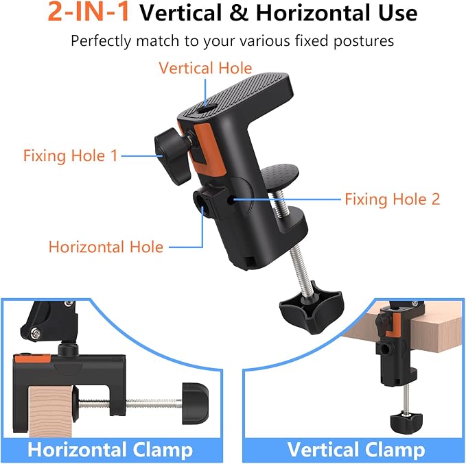Table Clamp Mount for Microphone Stand, 2-in-1 Mic Boom Arm Clamp Table C Clip for Desktop Overhead Camera Tripod Mic Stand Lamp Base, Fits Up to 2.56 inch 6.5cm Desktop Thickness, 1 PCS - Image 2