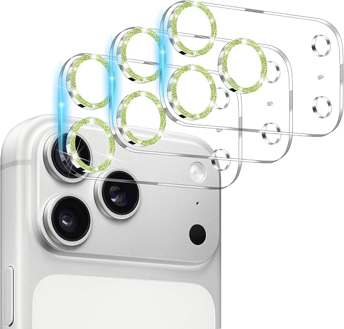 Dengduoduo 3 Pack Camera Lens Protector for iPhone 17 Pro, Tempered Glass, Ultra HD, 9H Hardness, Anti-Scratch, Case Friendly,[No Affect on Night Shots], Glitter Green by Dengduoduo