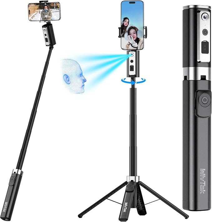 Auto Face Tracking Selfie Stick Tripod for iPhone, Minimalist 360° Rotating AI Tracking Tripod with Wireless Control, 60" Extended Phone Holder for Content Creation Vlogging, Live Streaming by WIVTAK