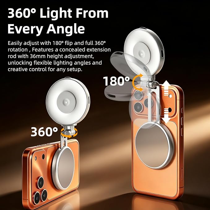 AFAITH C03 Magnetic Selfie Light, LED Phone Ring Light for iPhone MagSafe | 2700K-7500K CRI 97+, 3 Color Modes, Built-in Mirror, 360° Rotatable, Extendable, for Selfies Video Recording Makeup Vlog - Image 3