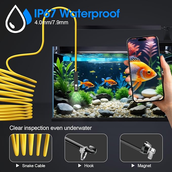 Endoscope with Light, 1920P HD Borescope with 8 Adjustable LED Lights, Semi-Rigid Snake Camera, IP67 Waterproof Inspection Tool (16.4ft, Yellow Harness + Dual Lens) - Image 4