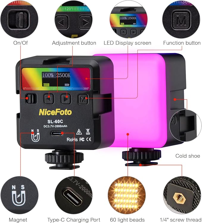 RGB Video Lights, Portable LED Camera Light with 3 Cold Shoe | 2500K-9000K, CRI 96+, 18 Scene Modes, 2000mAh Rechargeable, Magnetic, 1/4 Screw, for Photography, Vlogging, Content Creator ﻿ - Image 2