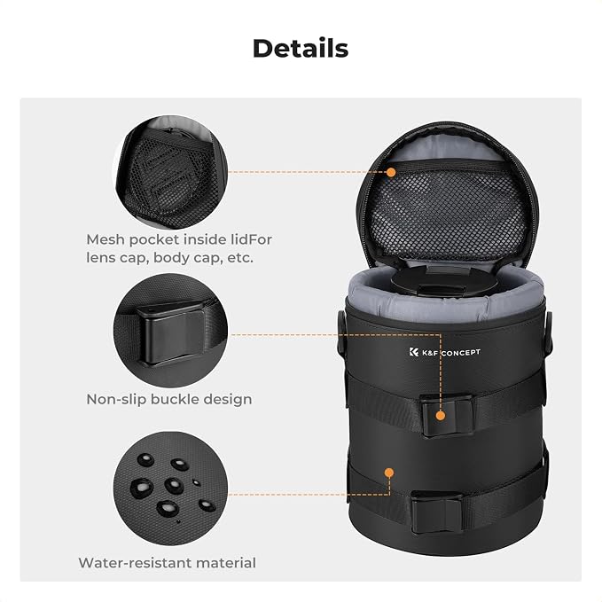 K&F CONCEPT Camera Lens Case, Protective Pouch for Lens with Air Blower | For Lens Below 3.7" x 7" (D x H), 3 Carry Ways, Waterproof Zipper, Shockproof, 10mm Padding, for Canon, Nikon Sony Olympus - Image 5