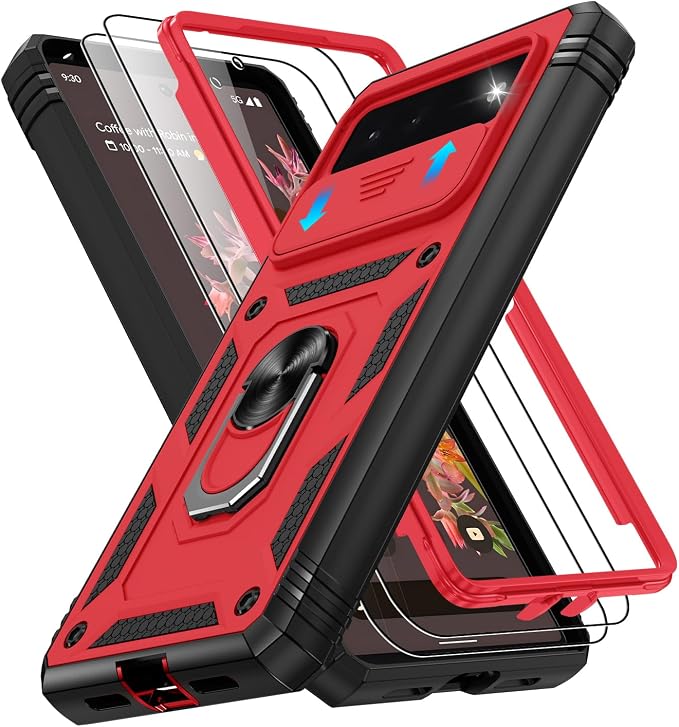 Gritup for Google Pixel 6 Phone Case: Pixel 6 Phone Case with 2*Screen Protector | Magnetic Stand & Slide Camera Cover | Shock Proof Military-Grade Funda para Google 6 Cover, Red+Black by Gritup
