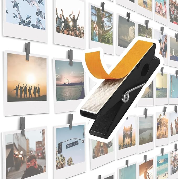 20 Pack Mini Self Adhesive Clips for Pictures - Black Wood Clip Photo Holders for Wall, Poster Hanger, Photo Cards Hanging Display Board & Picture Boards, Artwork Photos Holders Card Room Decor by TOROS
