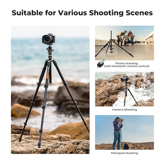 K&F CONCEPT 72" Aluminum Tripod for Camera | Remote & Extra QR Plate, Tripod Monopod for DSLR/Phone, Lightweight Foldable Travel Tripod, TM2324 - Image 3