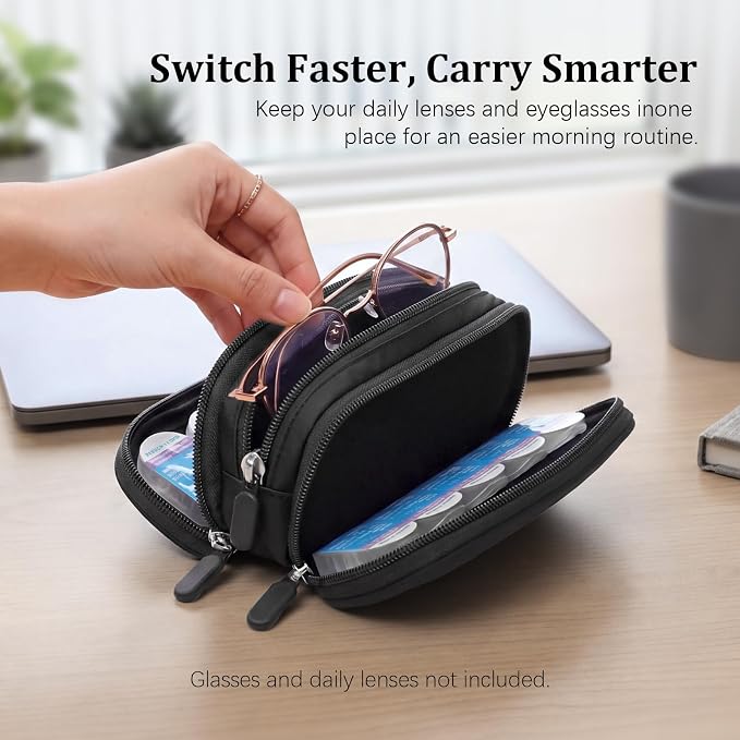 WOMACO Contact Lens and Glasses Organizer Case, 2-in-1 Travel Pouch for Daily Disposable Contacts and Eyeglasses, L/R Compartments, Soft Lining, Storage up to 10 Lens (Black, Medium) - Image 2