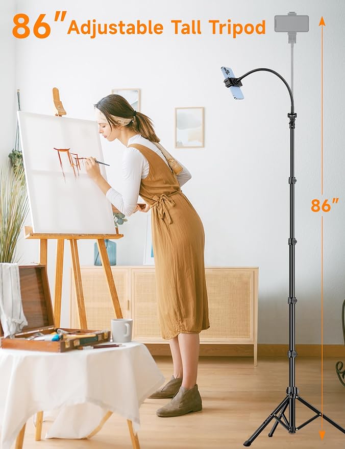 Phone Tripod, 86" Tall Tripod for iPhone with Flexible Gooseneck & Remote | Portable Aluminum Cellphone Stand for Selfies, Video Recording,Travel, Compatible with iPhone Android - Image 2