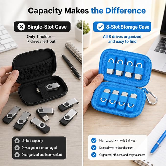 ALKOO Flash Drive Case USB Storage Case, Thumb Drive Holder, Holds 8, Black | Hard Shell, 8 Elastic Slots for USB Drives and SD/Memory Cards, Portable Travel and Office Organizer, Case Only, Black - Image 2