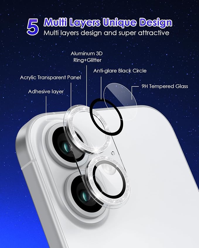 Compatible for iPhone 17 /iPhone 16 /iPhone 16 Plus Camera Lens Protector Glitter, Clear Acrylic Plus Aluminium Alloy Ring 9H Tempered Glass Screen Camera Cover Glitter Silver - Image 3