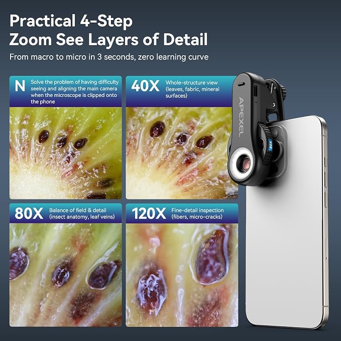 APEXEL 40x/80x/120x 3-in-1 Phone Micro Lens Phone Microscope Lens | With Universal Clip/CPL/16 LED/8 UV LED, Wheel Design, Pocket Portable Microscope for iPhone, Samsung & Android - Image 3