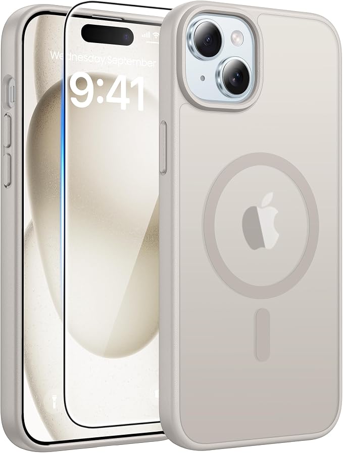FNTCASE for iPhone 15/14/13 Case, Fit for Magsafe, Glass Screen Protector | Translucent Matte, Magnetic Phone Cases, 14FT Military Grade Drop Protection, Slim Shockproof Protective Cover, Off White by FNTCASE