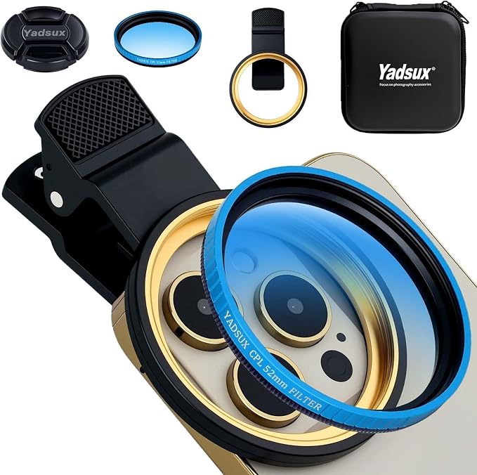 CPL Filter for iPhone Samsung, 52mm Clip On Phone Polarizing Lens | HD coated optical glass. Blue rotating ring. Metal clip with thread mount. Cuts water/glass glare. Pouch & cloth. by Yadsux