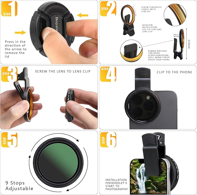 52MM Variable ND2-ND400 Filter, Ultra Slim Multi-Coated Adjustable Neutral Density Filter, Clip-on Phone Lens ND Filter Kit, Compatible for iPhone 15 14 13 12 11, Google Pixel and Other Smart Phones - Image 5