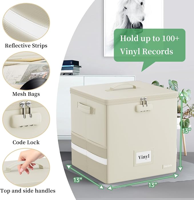 DocSafe Fireproof Vinyl Record Storage Box with Lock, Beige, 13"x13"x13" | Record Organizer for 100+ Single Records(12-inch),Collapsible,with Lid&Handles,Valuable Album Collection,Home&Travel Safe - Image 3