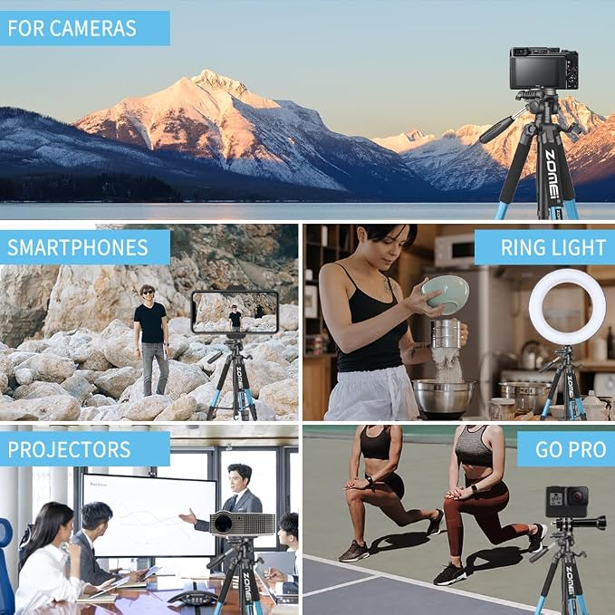 74 Inch Heavy Duty Tripod Stand for Cameras, Cell Phones, Projectors, Webcams, Spotting Scopes - Complete Unit for Canon, Nikon, Sony - Perfect for Phone & Camera Photography(Blue) - Image 7