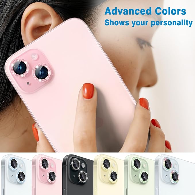 Compatible with iPhone 15 & 15 Plus Camera Lens Protector, Bling Glitter Diamond Lens Cover 9H Tempered Glass Camera Cover Anti Scratch Shockproof Screen Protector Individual Metal Lens Ring - - Image 7