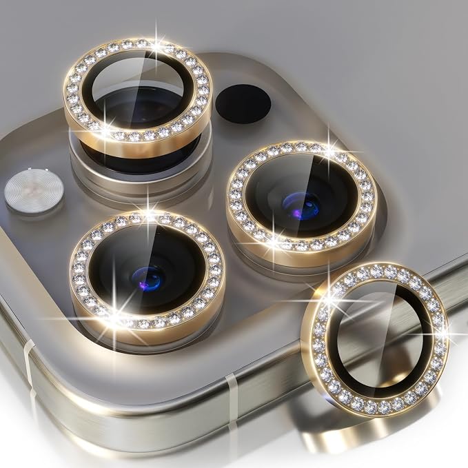 Choiche for iPhone 15 Pro/iPhone 15 Pro Max Camera Lens Protector | Ultra HD, Bling 9H Tempered Glass Camera Cover Screen Protector Metal Ring Decoration Accessories (Diamond-Gold) by Choiche