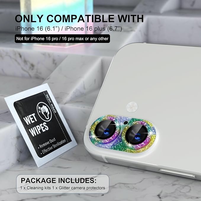 Choiche for iPhone 16 /iPhone 16 Plus Camera Lens Protector, Glitter-Colorful - Image 2